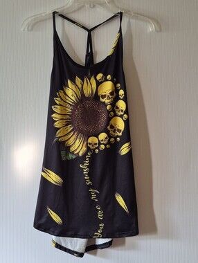 Women's Black Sunflower & Skull Graphic Biker Festival Streetwear Tank